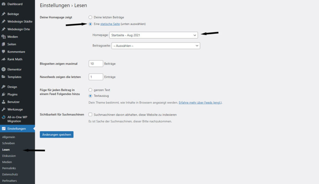 WordPress - Seite als Startseite festlegen