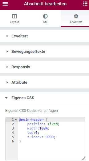 Elementor Header fixieren CSS Code