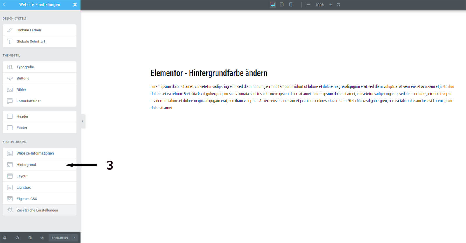 Elementor - Hintergrundfarbe ändern in den Website Einstellungen - Schritt 3