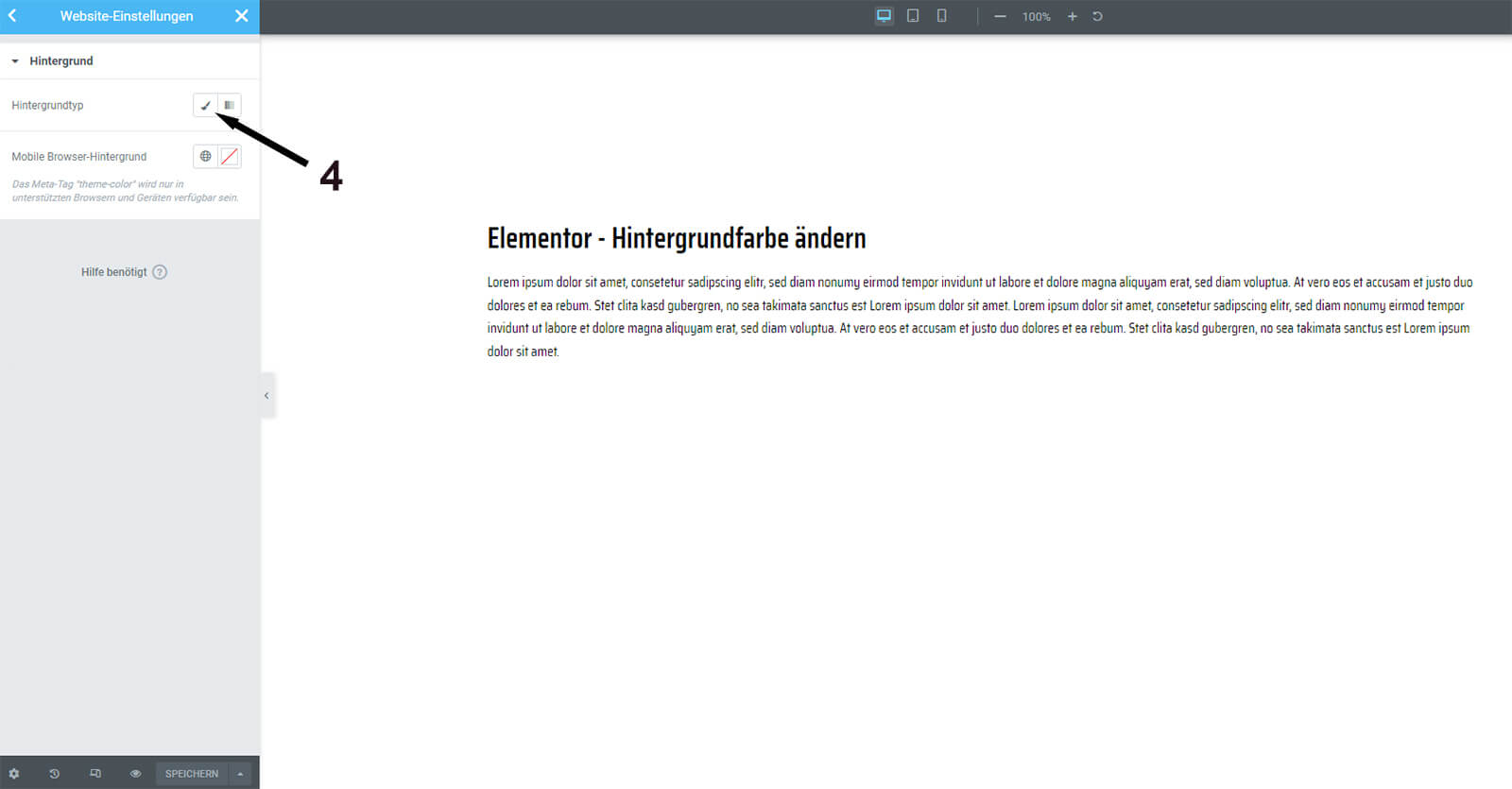 Elementor - Hintergrundfarbe ändern in den Website Einstellungen - Schritt 4