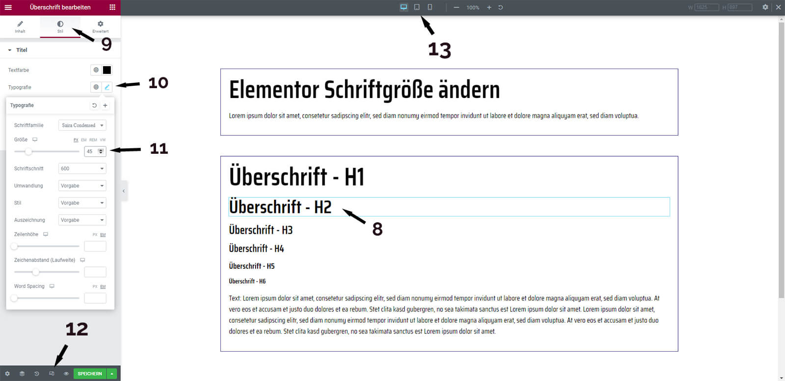 Elementor - Typografie Schriftgöße ändern im Element