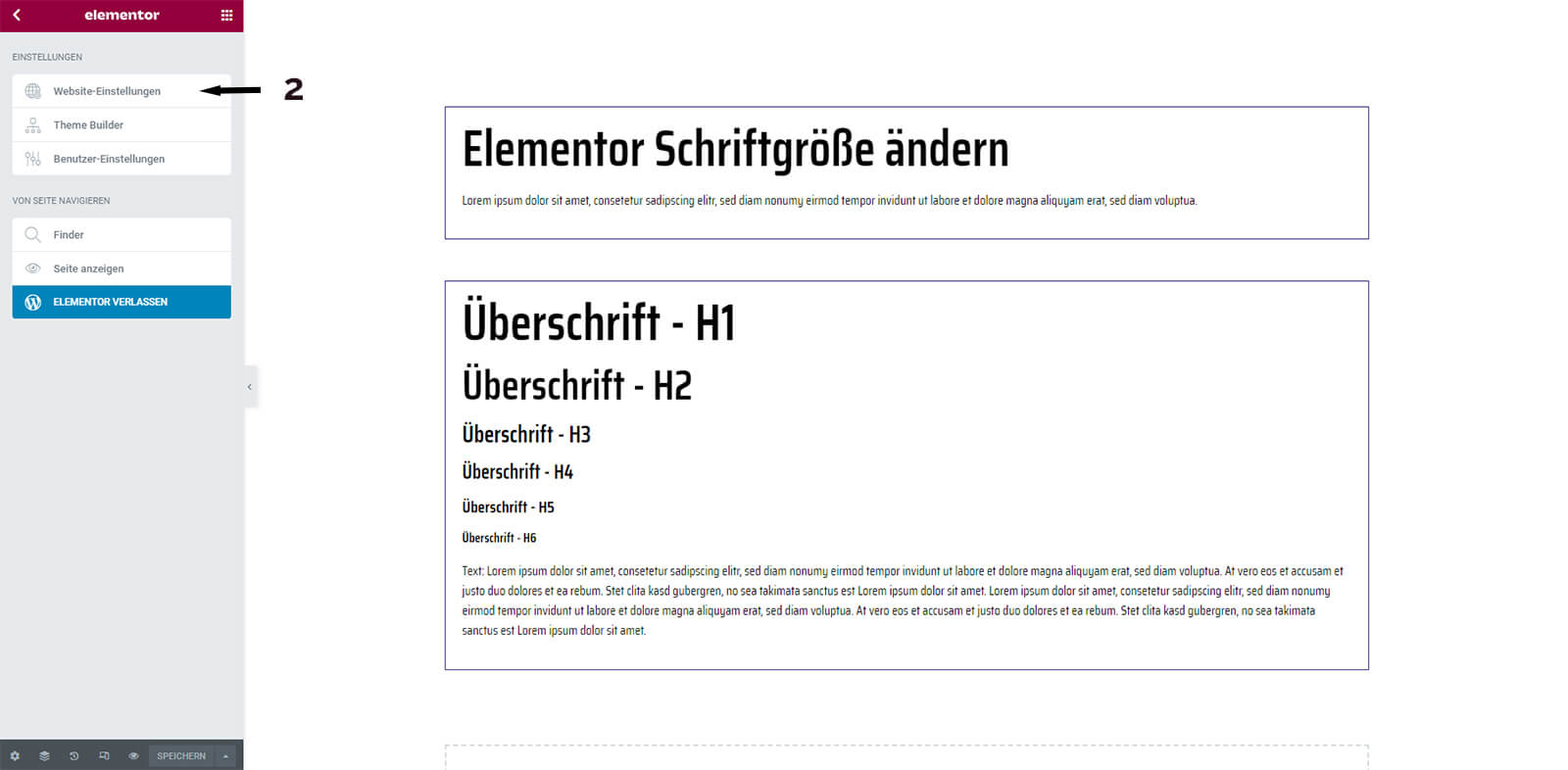 Elementor - Website Einstellungen - Typografie Schriftgöße ändern - Schritt 2