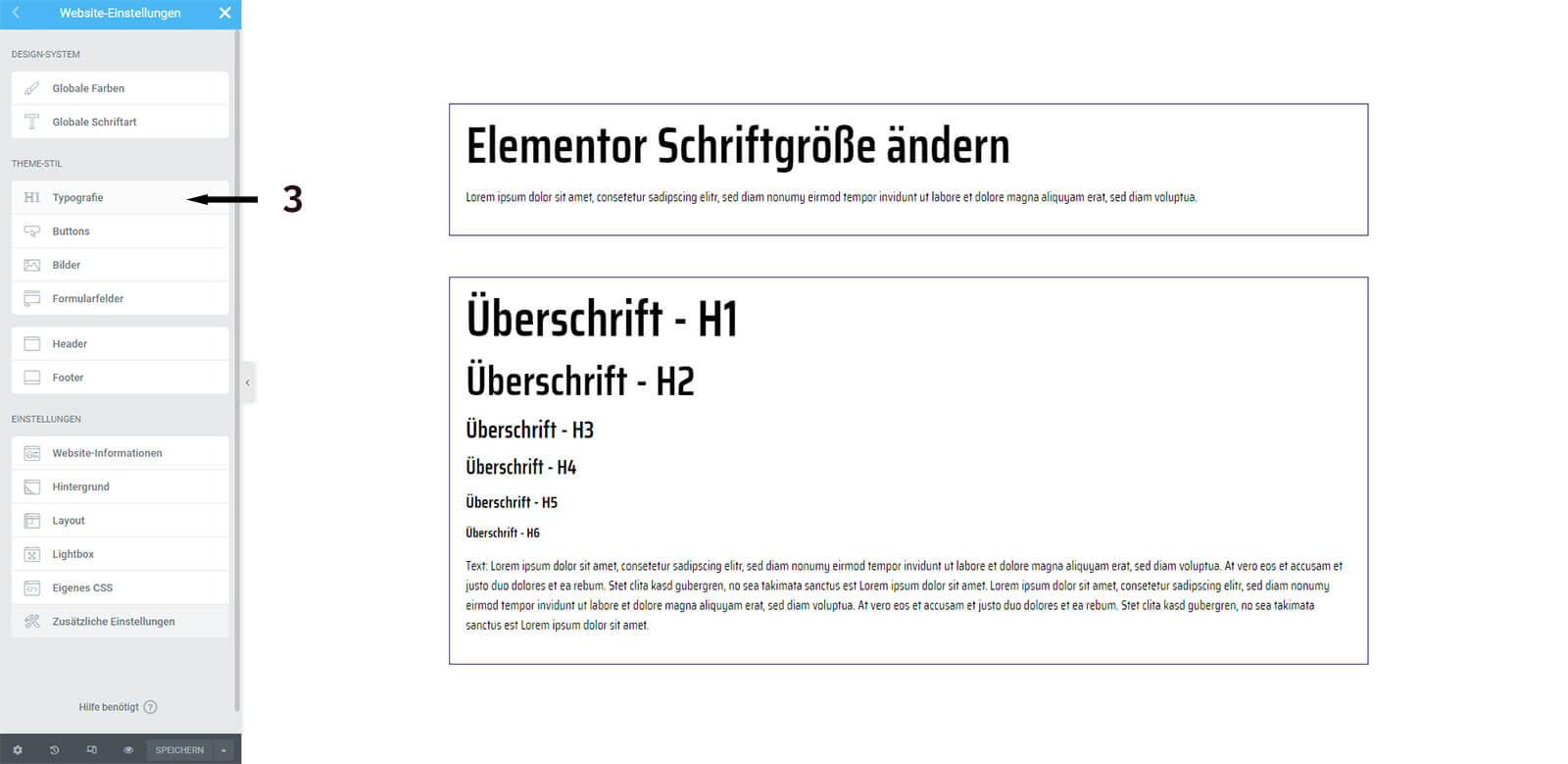 Elementor - Website Einstellungen - Typografie Schriftgöße ändern - Schritt 3