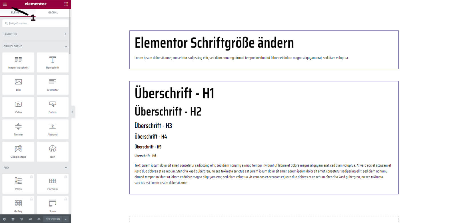 Elementor - Website Einstellungen - Typografie Schriftgöße ändern