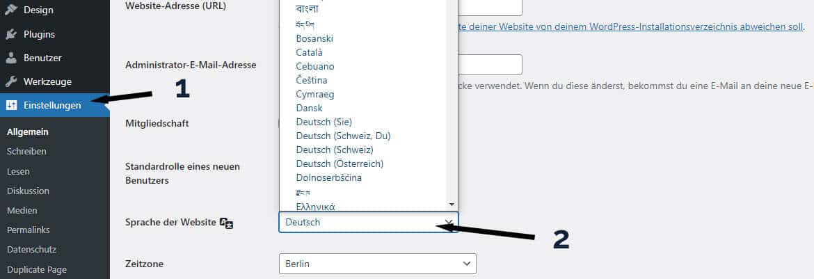 WordPress Elementor auf deutsch umstellen