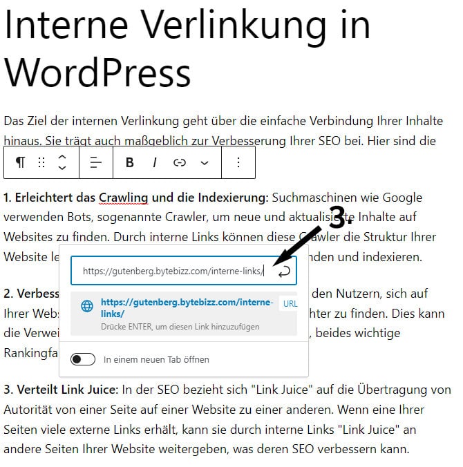 Interne Verlinkung im Gutenberg Editor - Link einfügen