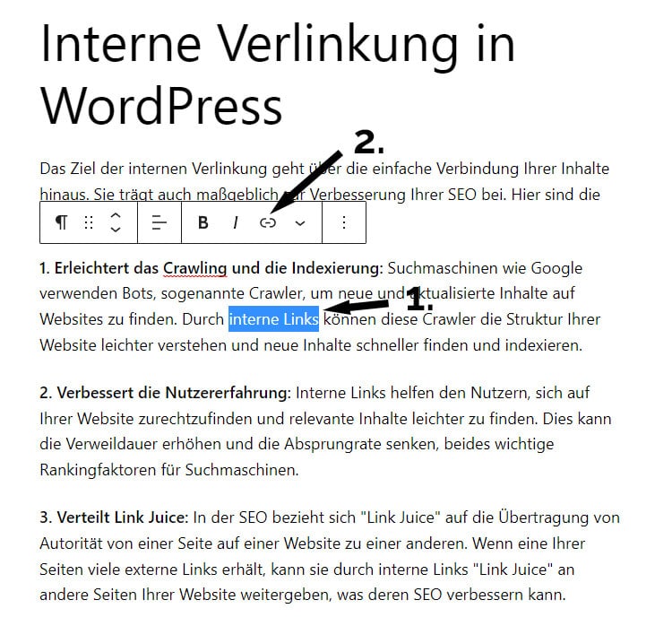 Interne Verlinkung im Gutenberg Editor