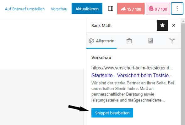 Snippet bearbeiten im Gutenberg Editor - Rank Math