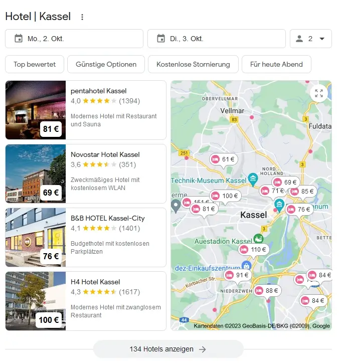 Google Snippet mit Hotels zum buchen