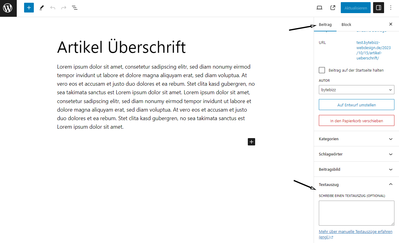 WordPress Auszug im Gutenberg Editor